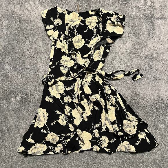 Free People Dress Womens Small Black Floral Print French Quarter Wrap Ruffle - Picture 1 of 9